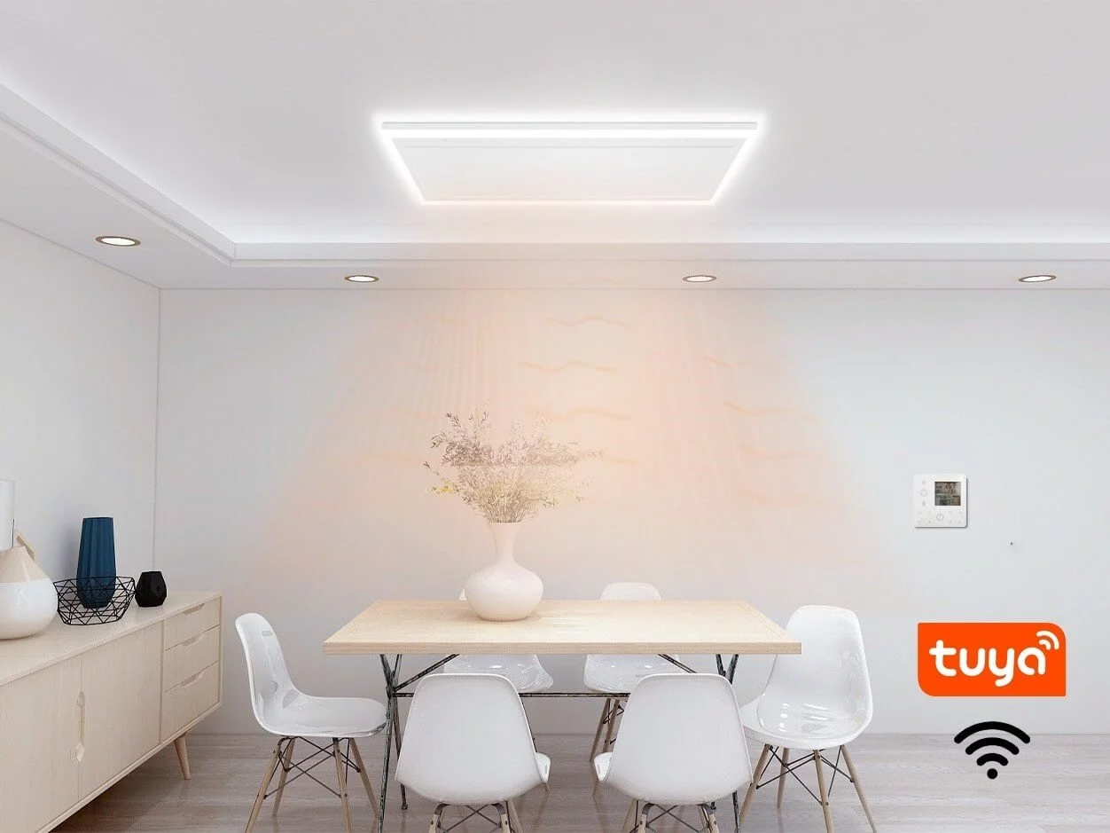 Infrarood paneel 63x108 cm – 700 Watt – energiezuinig verwarmingspaneel met LED verlichting & WiFi – plafondmontage | VH-HH